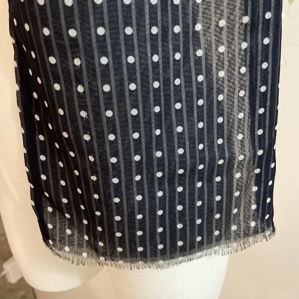 Lord & Taylor Lightweight Silky Scarf Navy Reversible Dots Stripes Italy 11X58